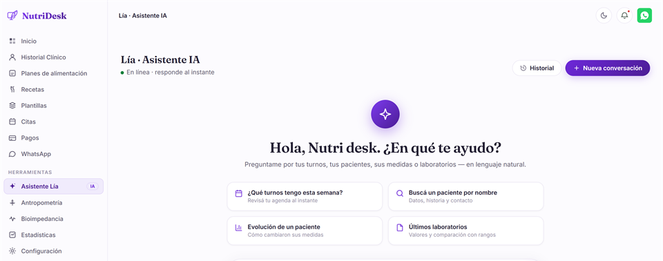 Lía, la asistente con IA de NutriDesk