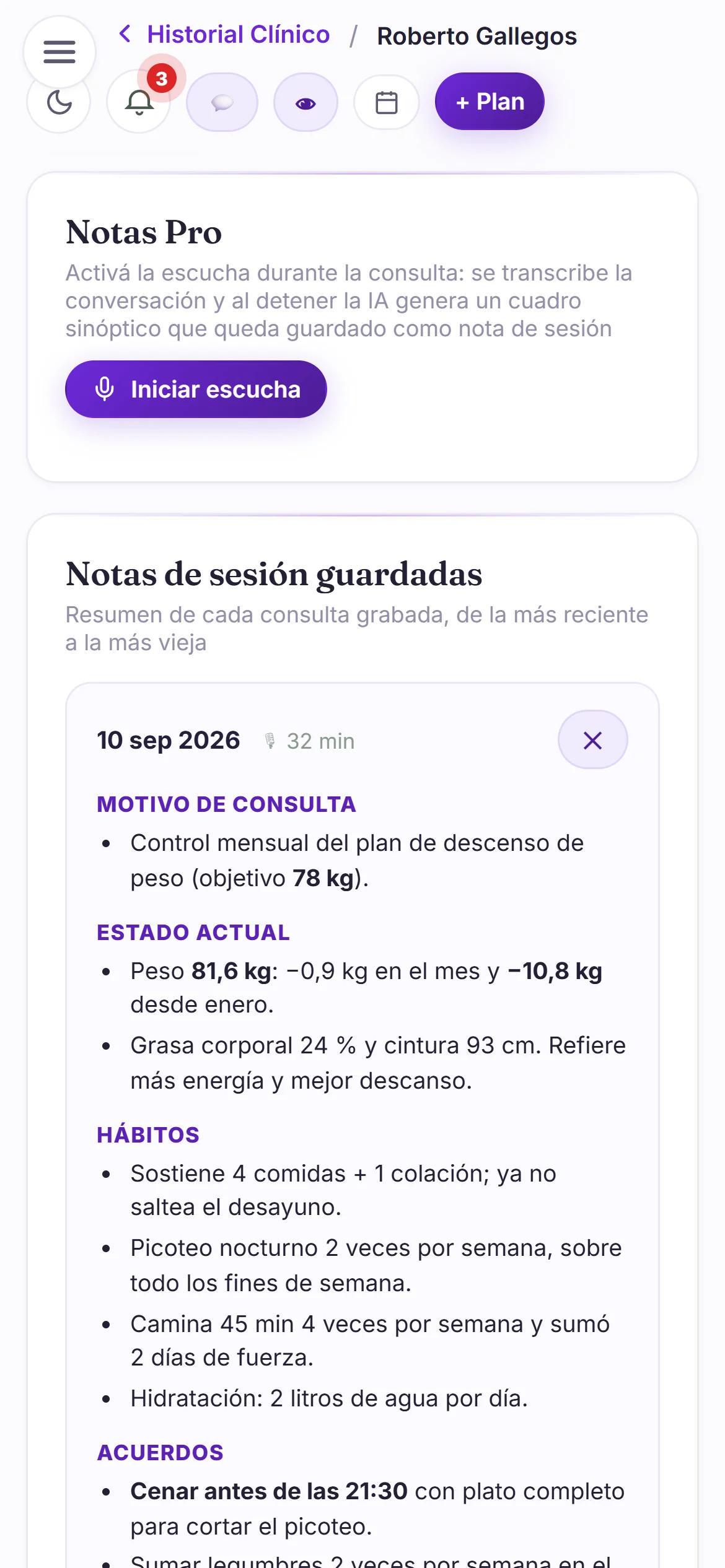 Nota de sesión generada por la IA en la ficha