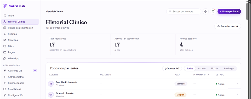 Historial clínico de NutriDesk con importación con IA
