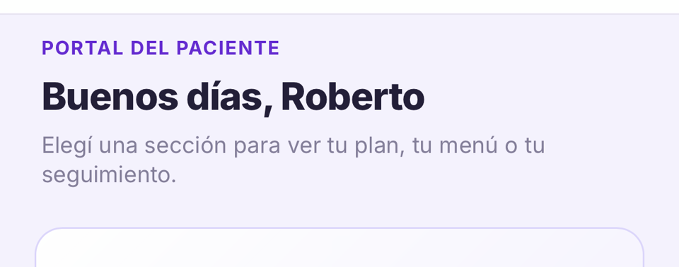 Portal del paciente de NutriDesk en el celular, con su plan, su menú y su registro alimentario